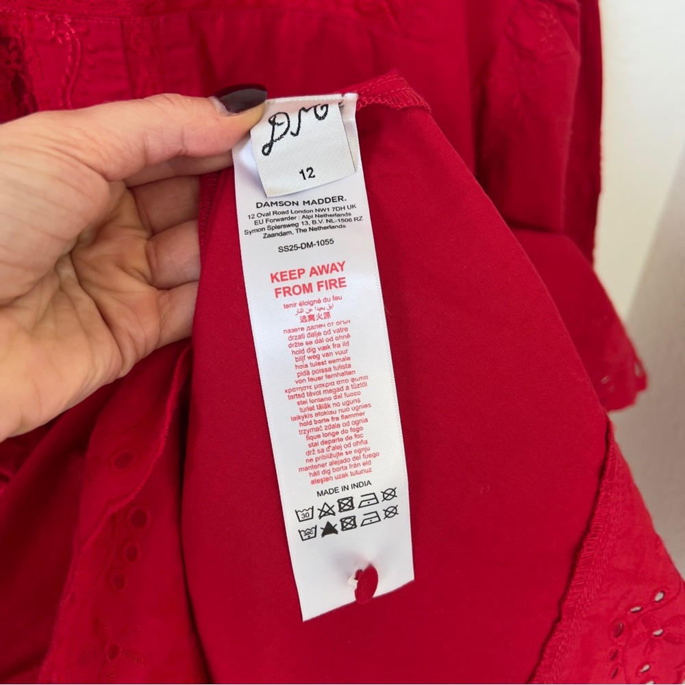 NWOT Damson Madder Clancy Embroidered Long-Sleeve Mini Dress in Red - Picture 12 of 13
